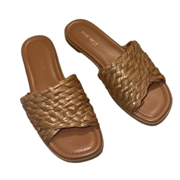 Nine West Woven Slip On Flat Slides brown cognac Sandals women’s shoes Sz 8 - Picture 2 of 6